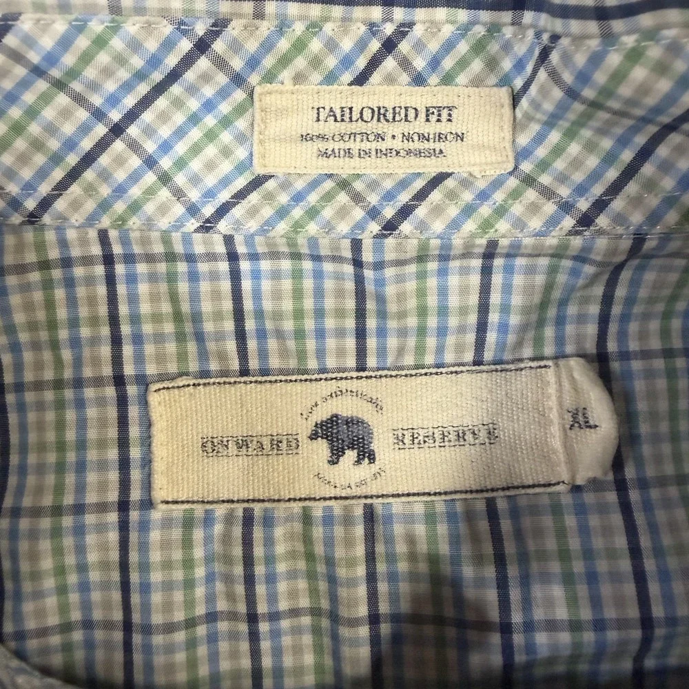 Onward Reserve Shirt Mens Extra Large Blue Green Plaid Tailored Fit Non Iron